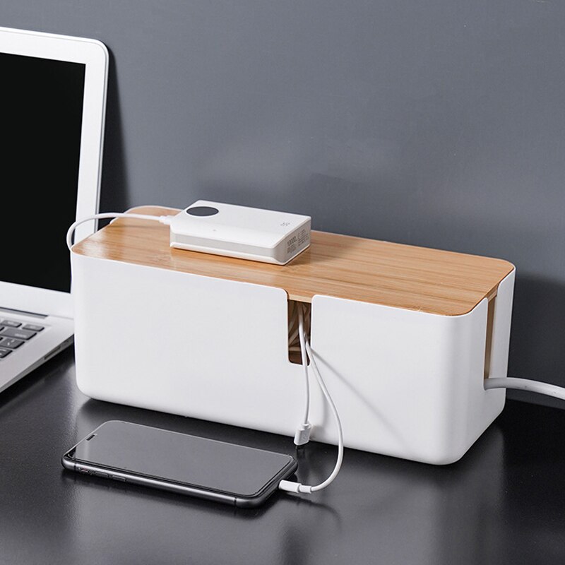 Black Power Strip Wire Case With Wood Cover Manage Cable Storage Box Dustproof Plastic Power Strip Storage Box Desktop Organizer