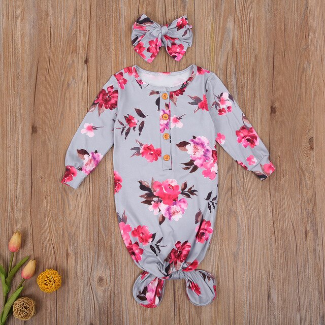 Baby Girls Nightgown Knoted Sleepers with Headband Floral Print Cotton 2 Piece Sleep Set