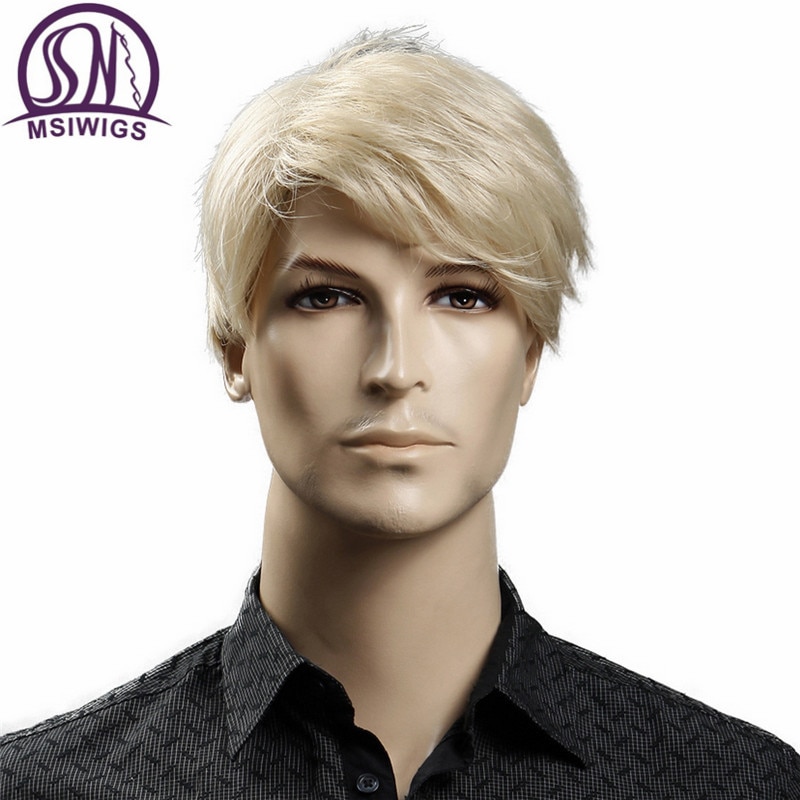Msiwigs Korte Blonde Man Synthetische Pruiken Amerikaanse Europese 6 Inch Rechte Mannen Pruik Met Gratis Haar Cap Hittebestendige: Blonde