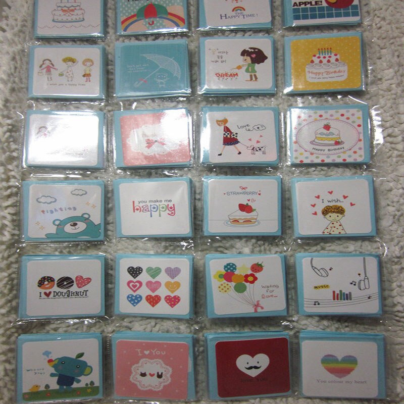 24pcs Mini Kawaii Greeting Card Birthday Love Writing Blessing Cards Festival Simple Paper Card+Envelop 7*7cm Cartoon Cards