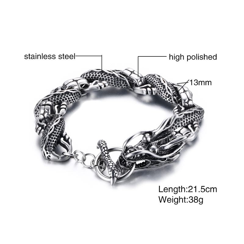 Bracelet homme lien sur le thème du Dragon avec fermoir à bascule Punk couleur argent ton bilezik acier inoxydable pulseira masculina 8.46"