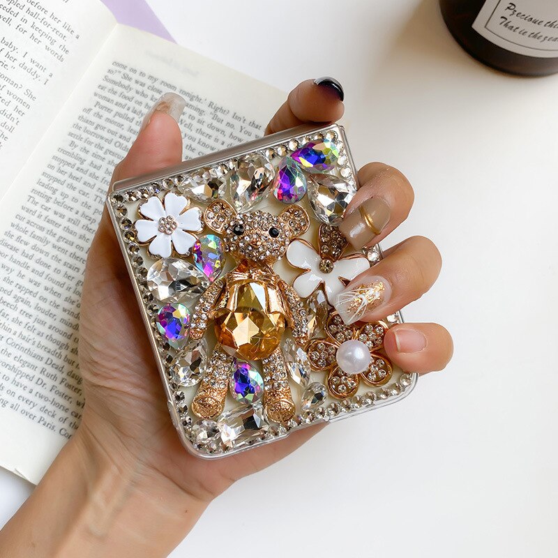 Luxury Bling Rhinestone Bear Flower Clear Hard PC Phone Case For Samsung Galaxy Z Flip 3 5G DIY Diamond Cover For Z Flip 4