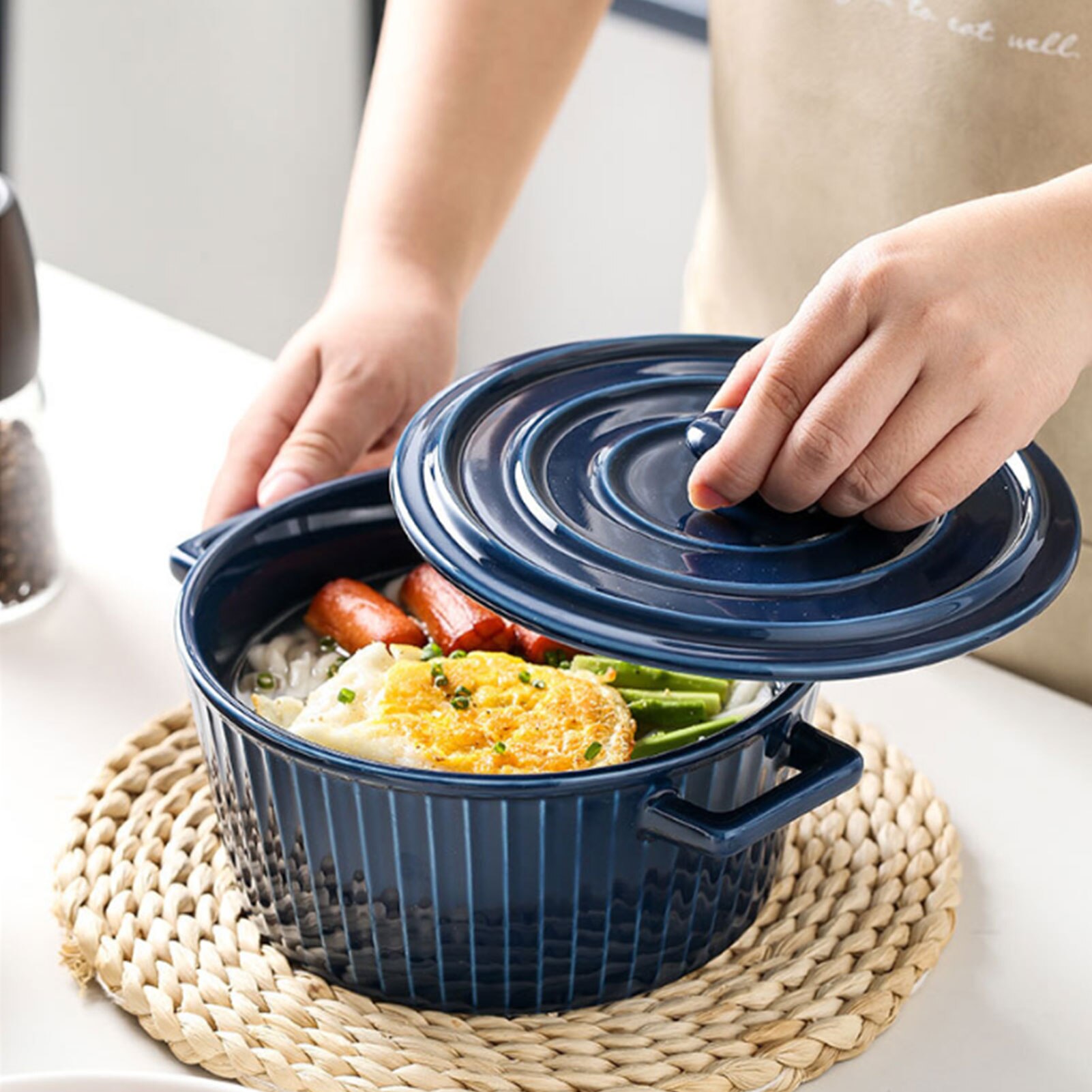 Grote Soep Kommen Huishoudelijke Keramische Noedelkom Streep Gezonde Veilig Sunhanny Lunchbox Fruit Salade Voedsel Container Met Deksel