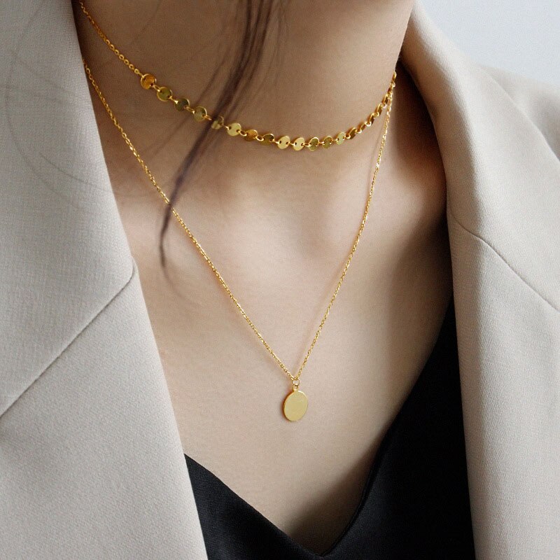 Collier rond avec pendentif en argent Sterling 925 pour femmes, ras de cou à couches coréennes, accessoires de fête personnalisés, bijoux fins: Gold color