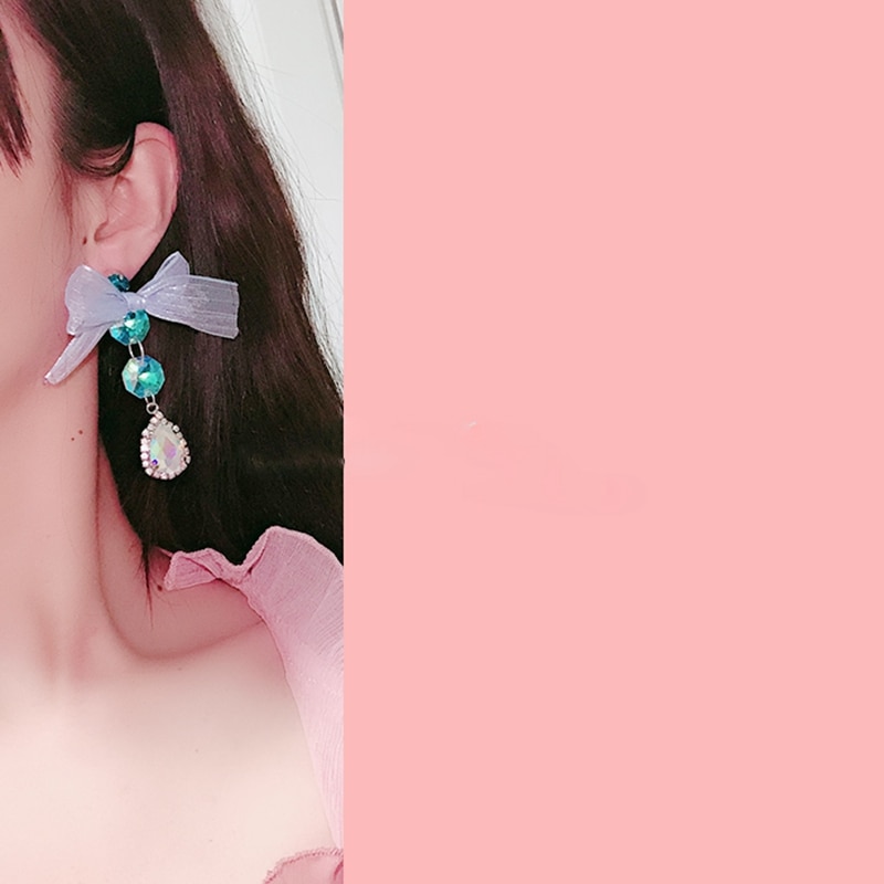 MENGJIQIAO Koreanische Süße Asymmetrische Garn Bowknot Elegante Kristall Tropfen Ohrringe Für Frauen Partei Schmuck