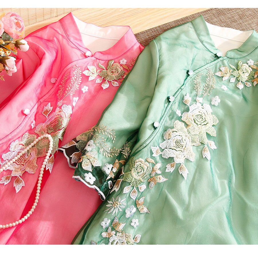 High-end vår sommar kinesisk stil broderi gardenia organza blus skjorta kvinnor lös dam skjorta topp s-xxl