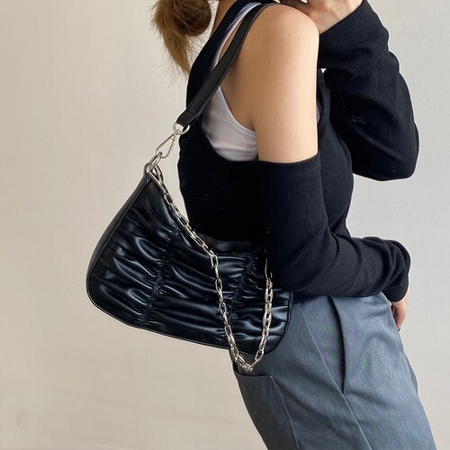 Sacs à main vintage plissés pour femmes, en cuir pu, avec chaîne, hobos, sac à bandoulière, sacoches pour filles: Noir