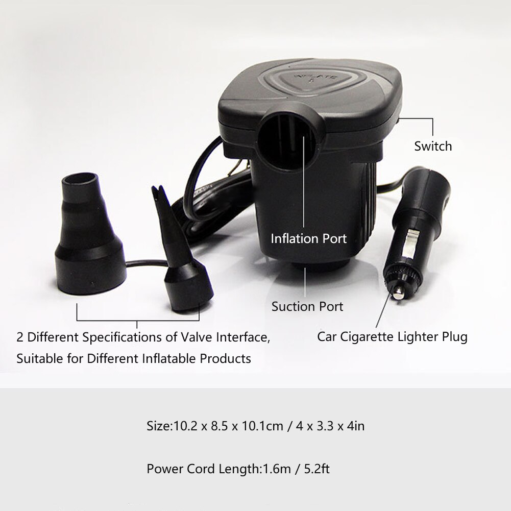 12v biler dc elektrisk luftpumpe udendørs oppustelig båd flydende seng svømmende oppustelig madraspumpe med 2 dyser