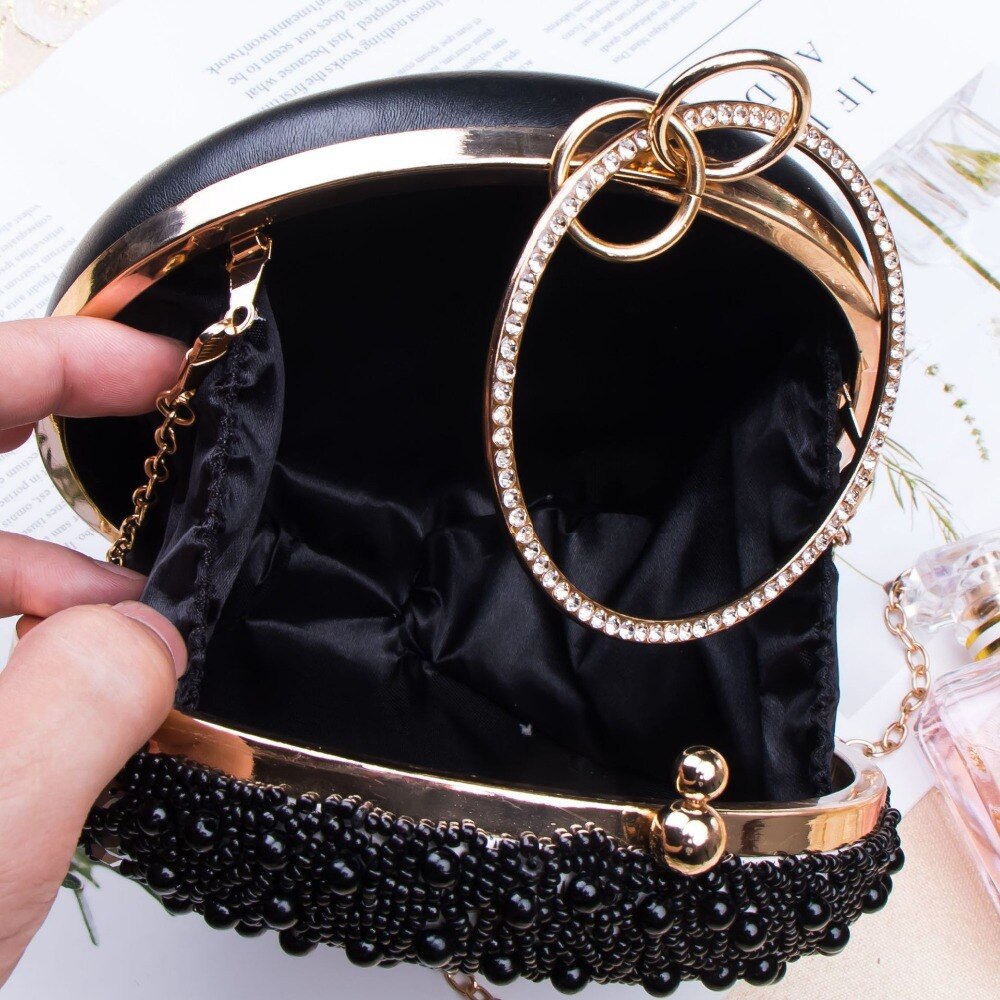 Luxury Women Party Wedding Beading Round Evening bags Vintage Diamond Crystal Flower Black White Day Clutches with Gold Chain