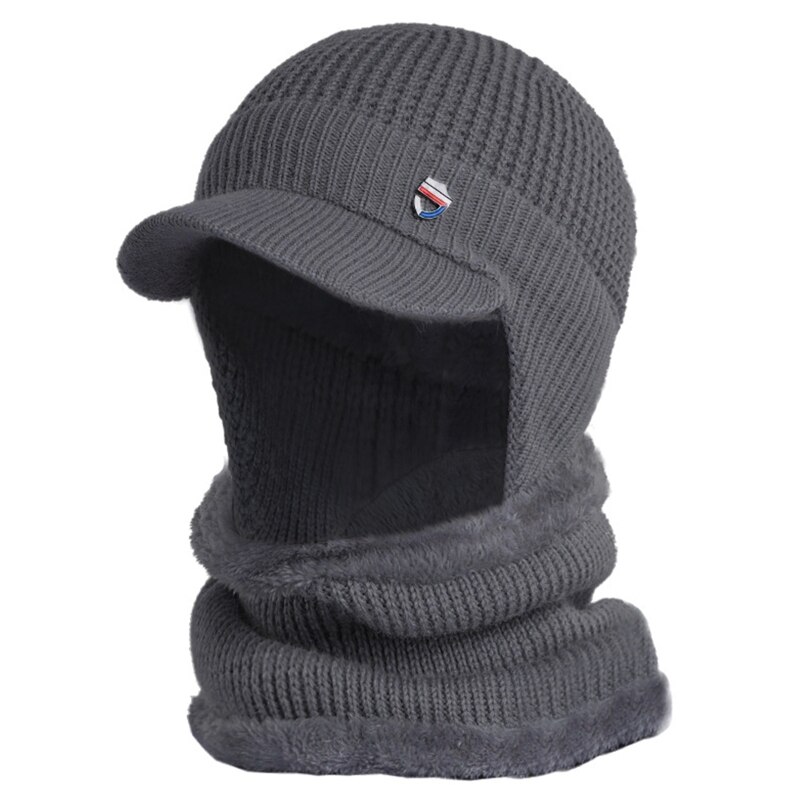 Heren winter 2 -delige set met klep, oorkleppen, muts en cirkelsjaal, gebreide dikke, pluche voering, skullies baseballpet, winddicht: Donkergrijs