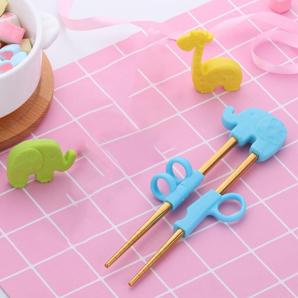 1Pair Stainless Steel Chopsticks For Kids Cartoon Learning Chop Sticks Reusable Training Chopsticks Cute Children Tableware Set: B Blue Elephant
