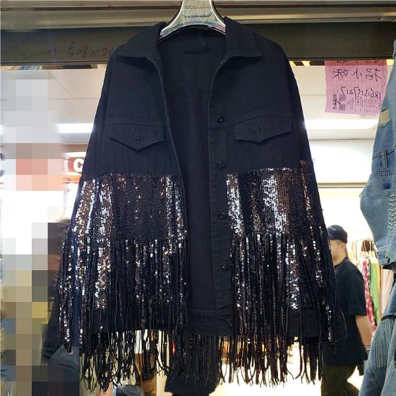 Denim Mantel Frauen Frühling Herbst Neue Single Schnalle Pailletten Quaste Schwarz Weiß Jeans Jacke frauen Grund Denim Jacken: Schwarz / M