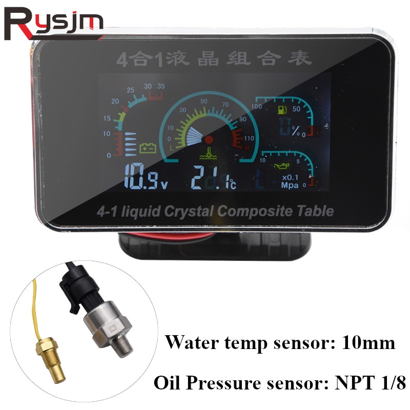 10mm Wasser temp Sensor + 1/8 NPT Öldruck Sensor Digital LCD Auto Spannung + Öl Druck + Wasser temperatur + Treibstoff Messgerät 12V / 24V