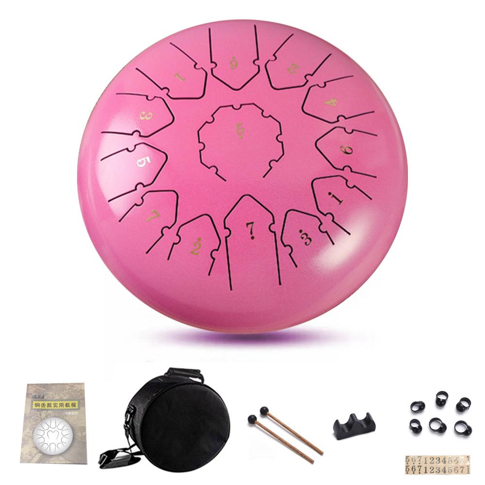 12 Inch 13 Note Steel Tongue Drums Percussion Music Instruments Hand Tank Drum With A Carry Bag Drumsticks Handpan: Pink