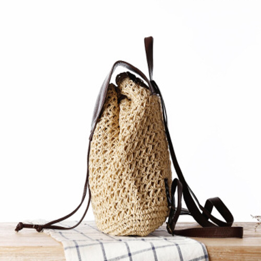 Women's Backpack Crochet Paper Rope Braided Drawstring Women's Straw Backpack Summer Travel Outing Ladies Woven Backpack