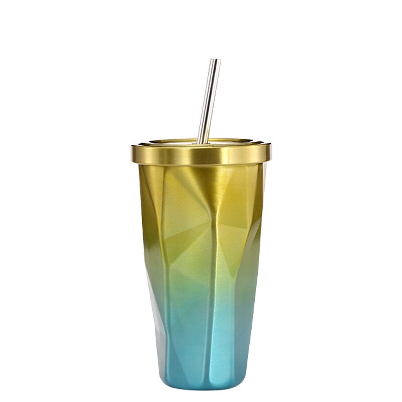0.5 l garrafa de água canecas irregular parede dupla copos de aço inoxidável praia arco-íris gelo vinho copo com tampa canudos garrafas wj826: GOLD