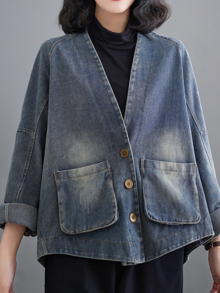 Denim oversized forårsfrakke kvinder afslappet løs plisseret dame cropped jakker langærmet v-hals damejakker frakker