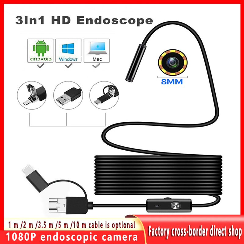1080p 3 in1 Endoskop kamera 720p Kanal industrielle Rohrleitung Auto Inspektion endoskopisch 8mm für USB PC Android Typ c