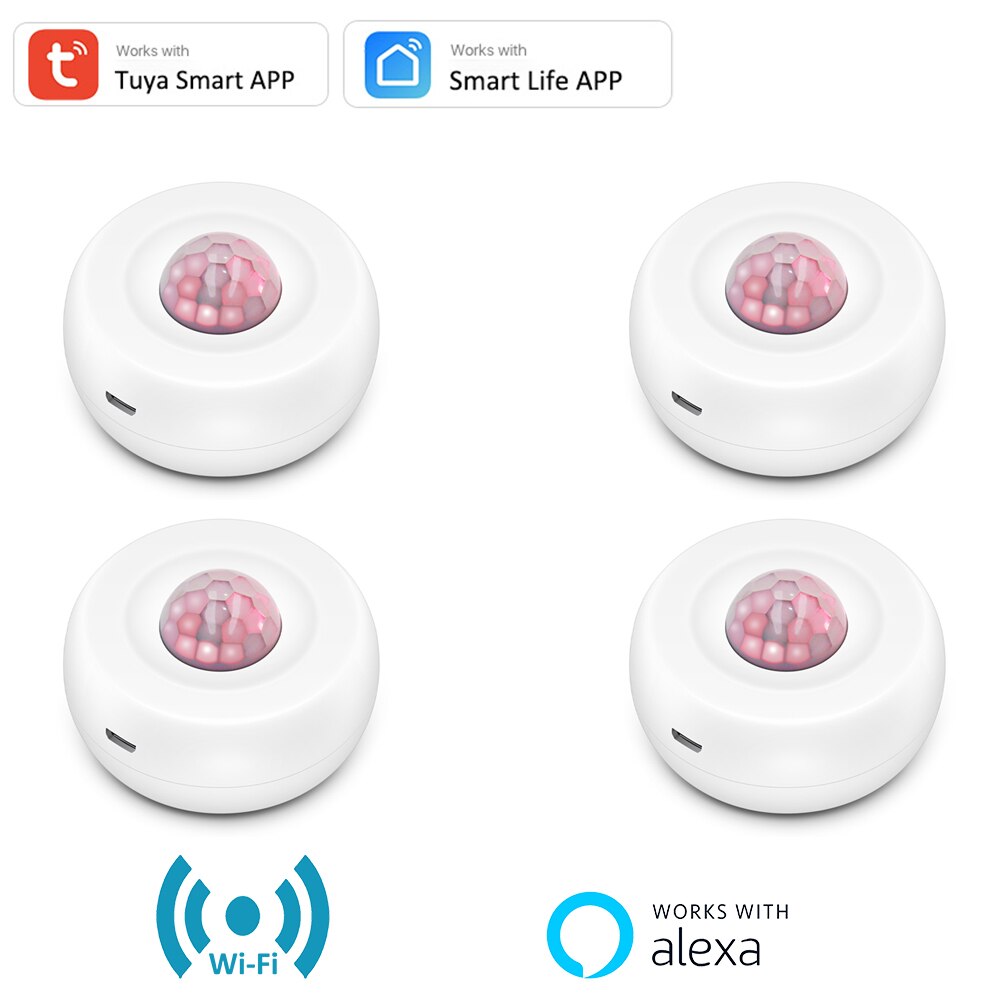 Tuya Smart APP Control WiFi USB Power Motion Sensor Detector Wireless Battery PIR Detector Movement Sensor Alexa APP Routine Set: 4 PCS