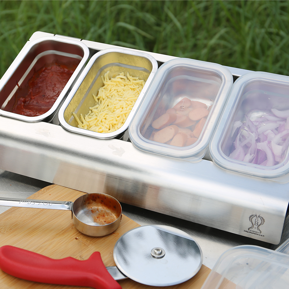 Stainless Steel Pizza Seasoning Container Pizza Topping Station with PP Visiable Lid Fridge Storage Pizza Ingredients Container