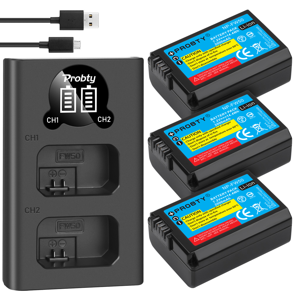 2000 mah np  fw50 np-fw50 batteri akku + ledet usb dobbelt oplader til sony nex -7 nex -5n nex -5r alpha  a5000 a6000 dsc -rx10 a7ii a7s: 3 batterier med oplader