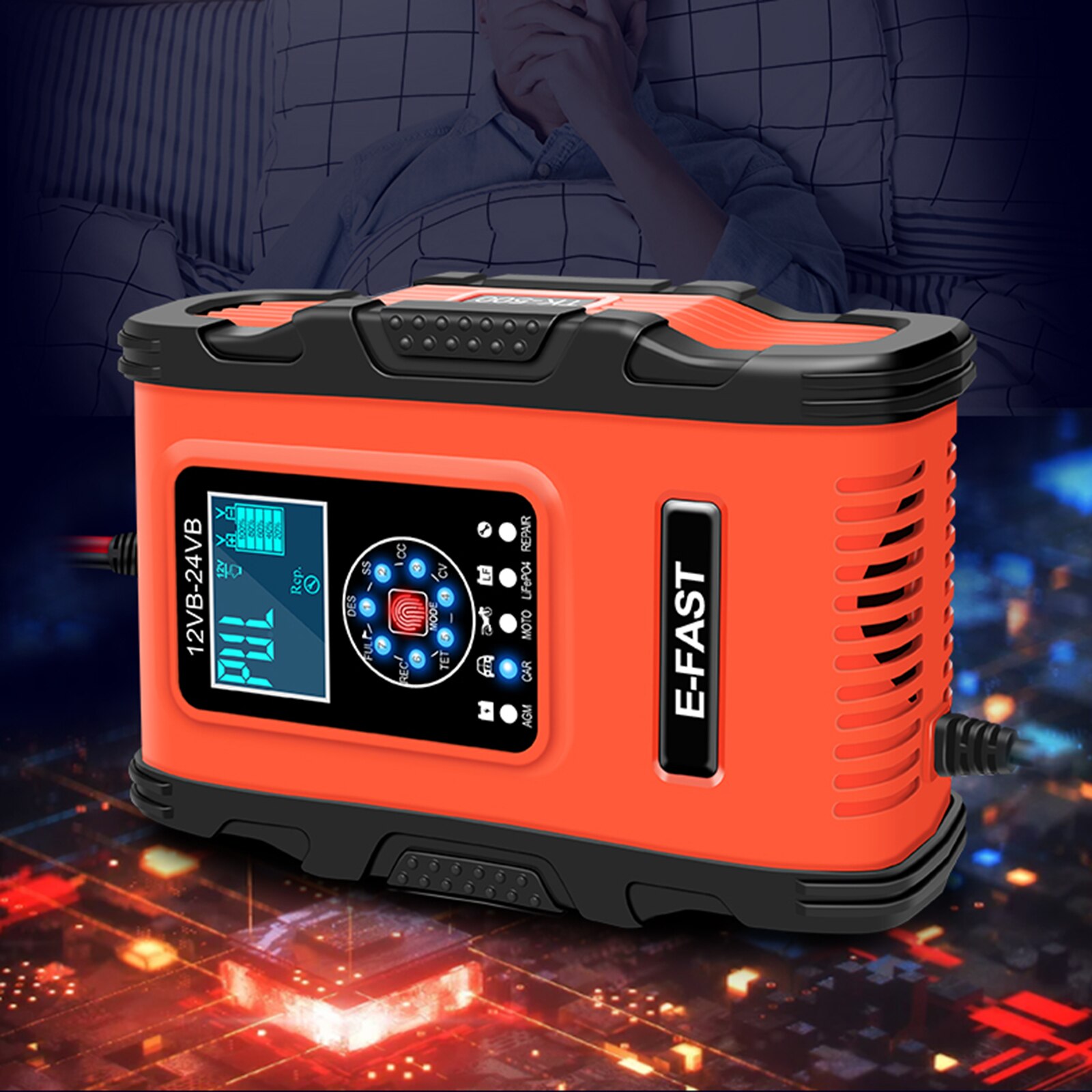 Car Battery Charger 12V 12A 24V 6A 100-240V AC Pulse Repair Fast Power Automatic Charging with Cable Clamps LCD Display