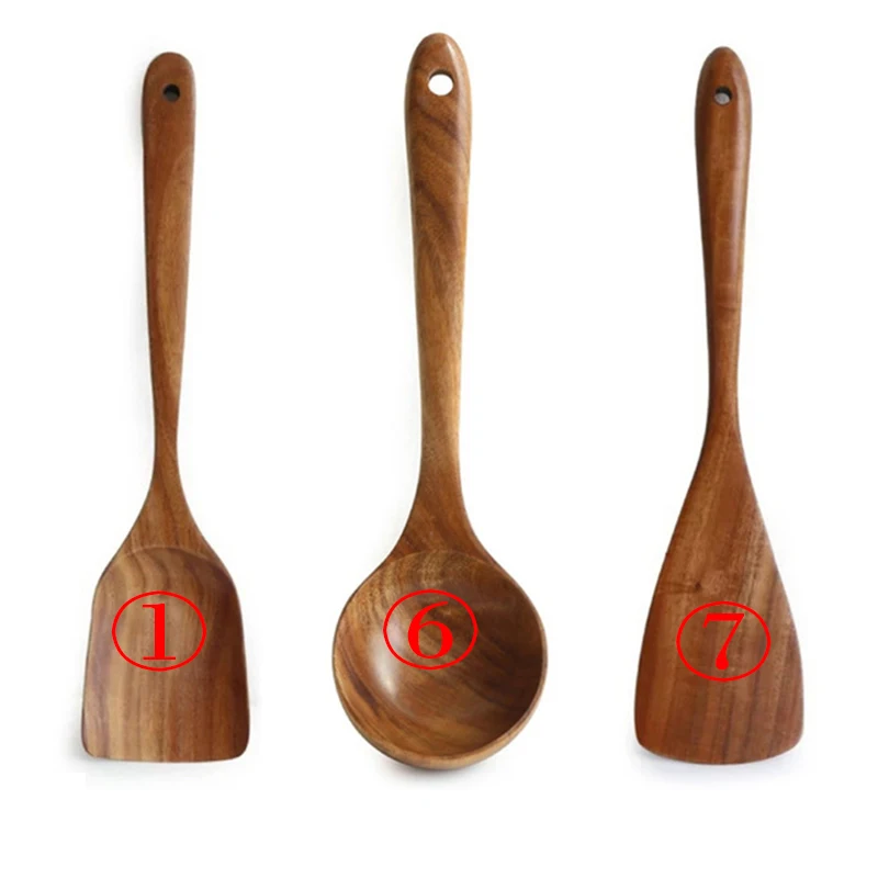 7 Stks/set Teak Natuurlijke Houten Servies Lepel Pollepel Turner Rijst Vergiet Soep Skimmer Koken Lepel Scoop Keuken Herbruikbare Tool Kit: PEACOCK BLUE
