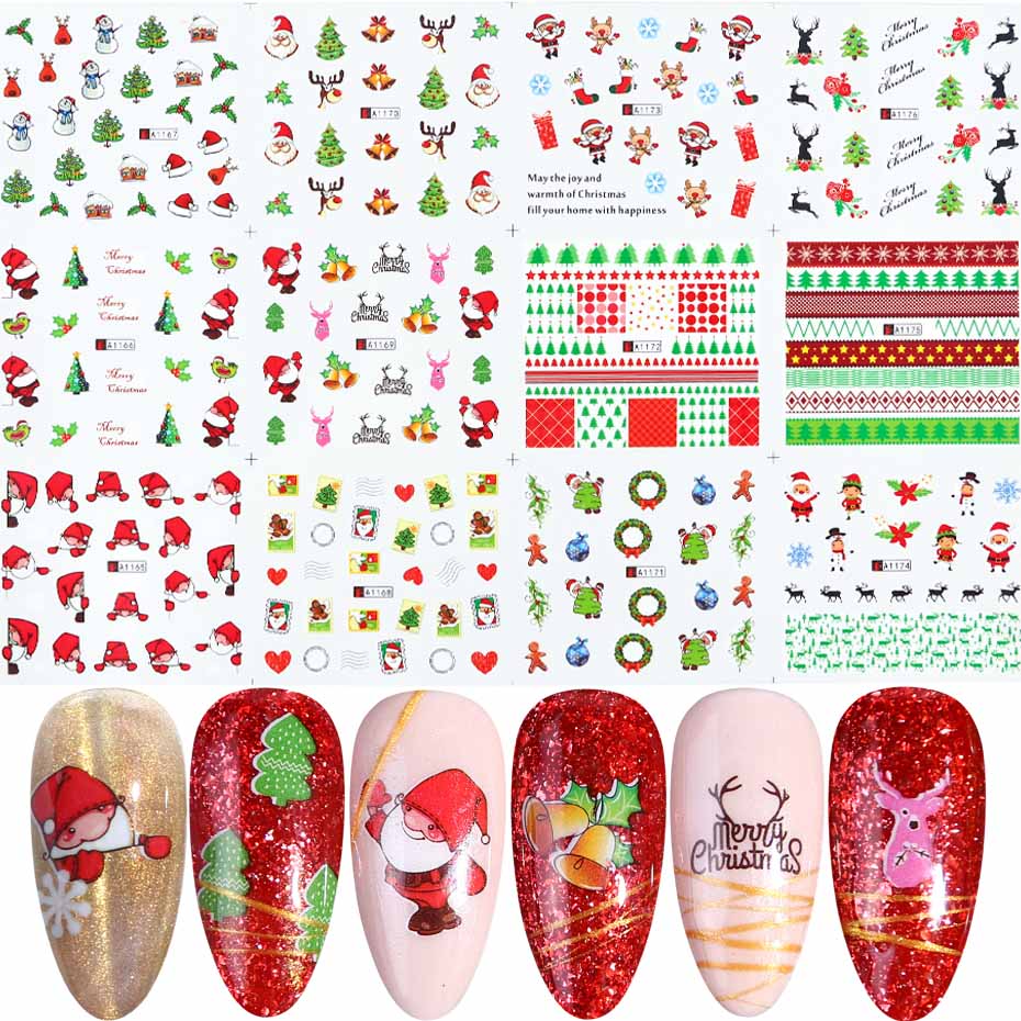 12 st jul nagelklistermärken set santa älg snögubbe vattenöverföringsreglage för naglar tecknad vinter år manikyr jibn/a -1: A1165-1176