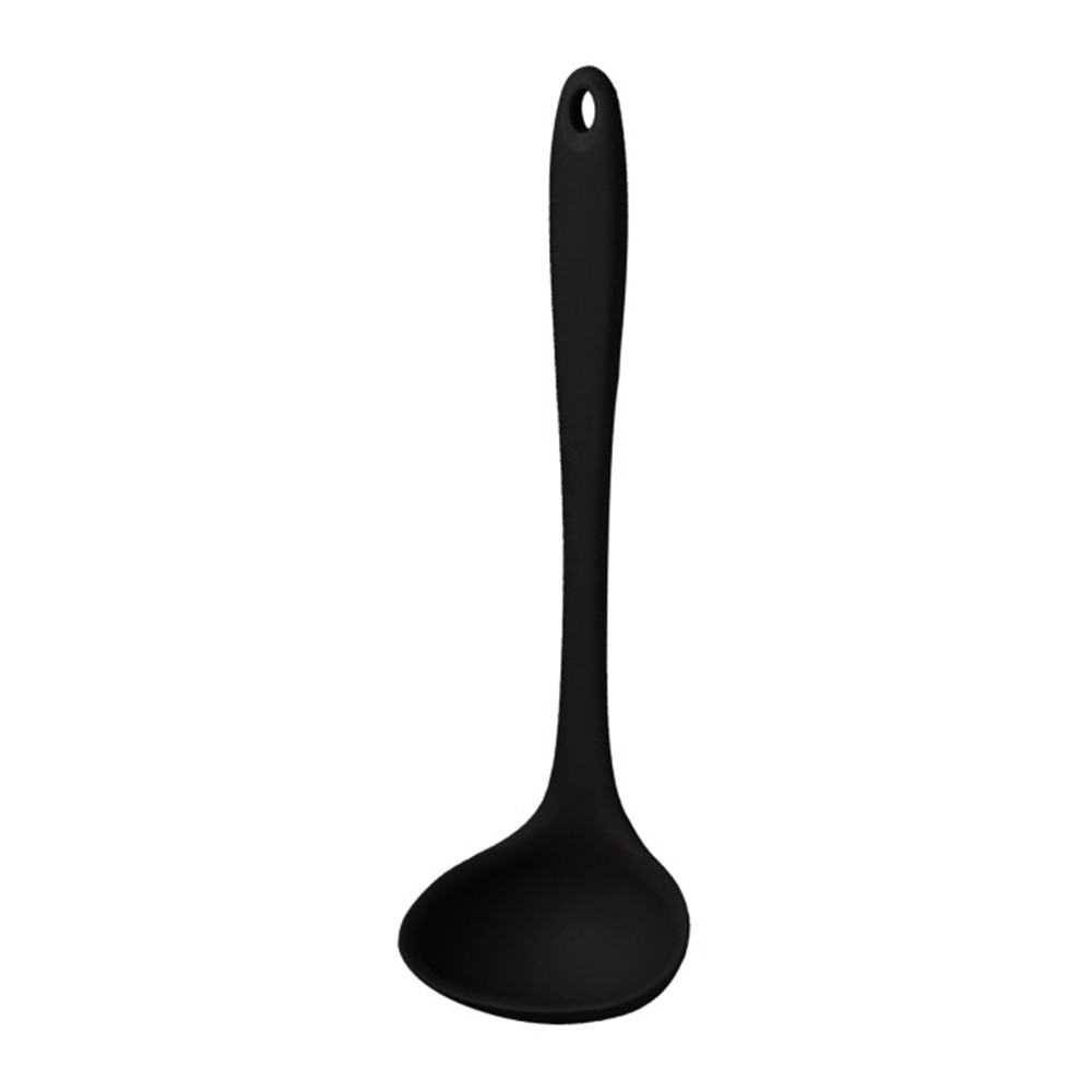 Non-stick Silicone Ladle Soup Spoon Curved Handle Unbreakable Big Round Scoop for Dinner Kitchen Dining Tool Tableware: black