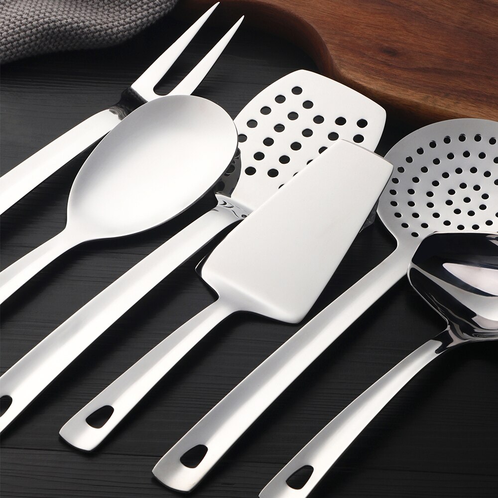 Juego de utensilios de cocina dorados, espátula de acero inoxidable para sopa, cucharón, colador de Metal, cuchara de arroz, pala para pastel,