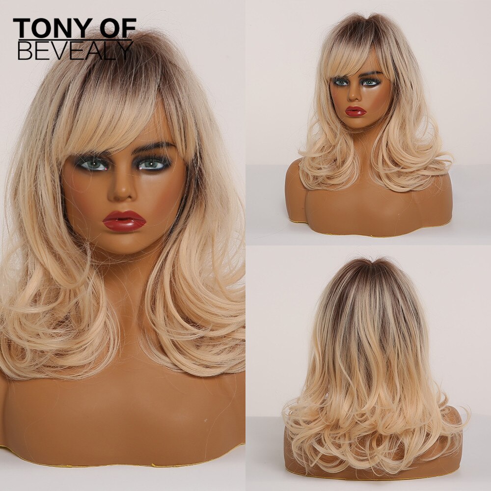 Medium Length Synthetic Wigs for Women Brown Wavy Natural Hair Wigs With Bangs Cute Cosplay Party Wigs Heat Resistant Fiber: lc282-1