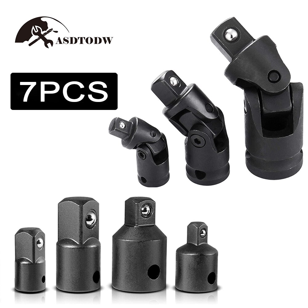 1/4" 3/8" 1/2" Universal Joint Set Ratchet Angle Extension Bar Socket Adapter Manual and Pneumatic Bendable Adapter Socket Tools: 7pcs-black