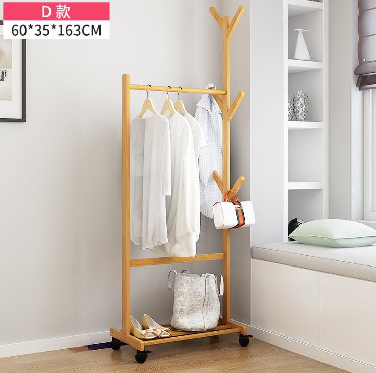 Solid Bamboo floor clothing rack with wheels hat rack bedroom furniture Coat Rack Simple Assembly Bedroom hanger: 60x35x176cm