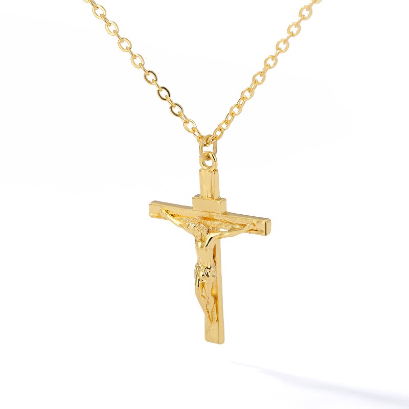 Colar cruz cristã de jesus, gargantilha com corrente de aço inoxidável para homens e mulheres, joia com pingente de cruz religiosa, para oração e batismo: Gold