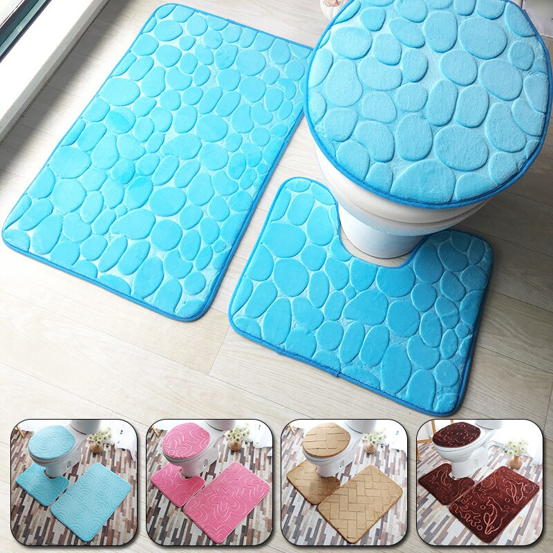 3 pièces doux anti-dérapant tapis de bain ensemble tapis de toilette siège de toilette coussin Absorption d'eau gaufrage motif décoration pour salle de bain