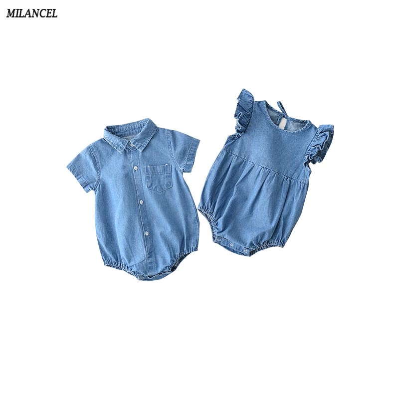 Milancel zomer babykleding effen jongens bodysuits babymeisjes denim bodysuits korte mouwen baby jumpsuits