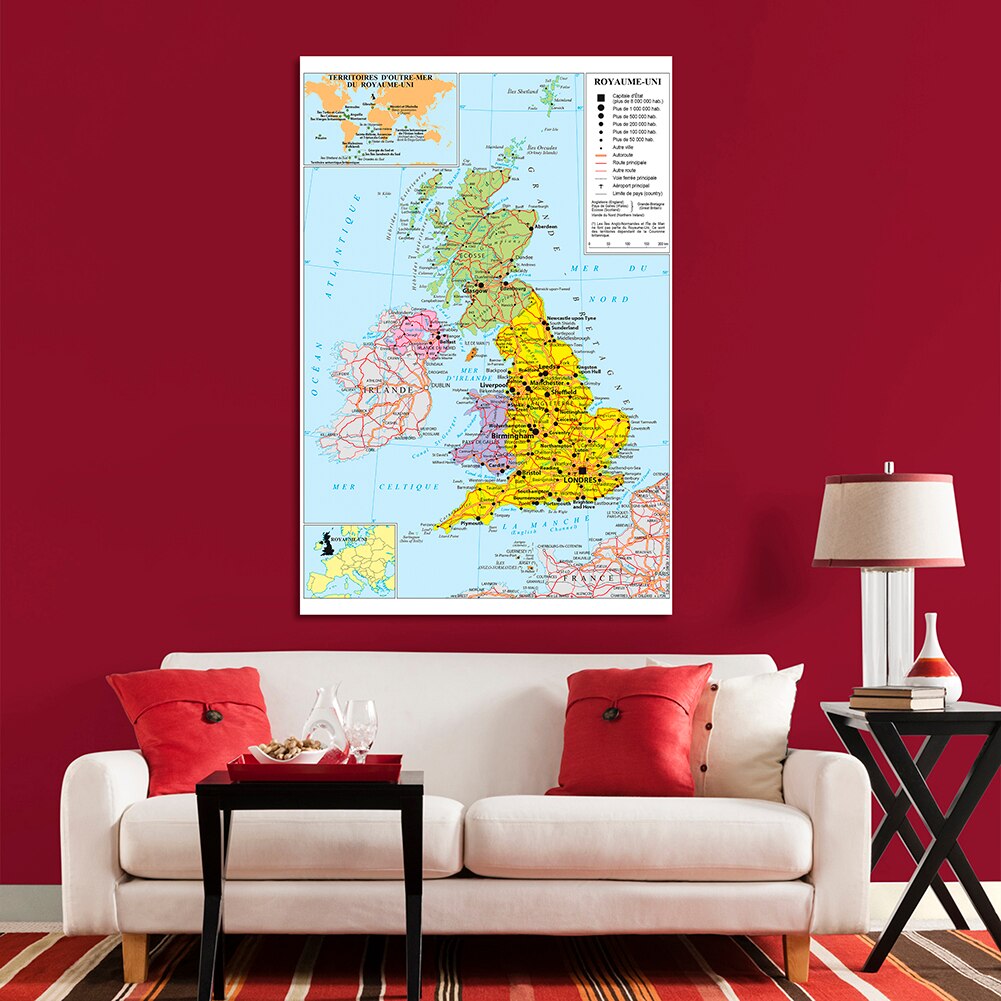 150*225cm Transportation Map of The United Kingdom In French Non-woven Canvas Painting Poster Home Decoration School Supplies