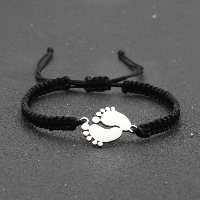 Bransoletka amulet ze stali nierdzewnej para urocza mała stopa szczęście czerwona nić plecione bransoletki i Bangles dla kobiet mężczyzn biżuteria mankiet: Black
