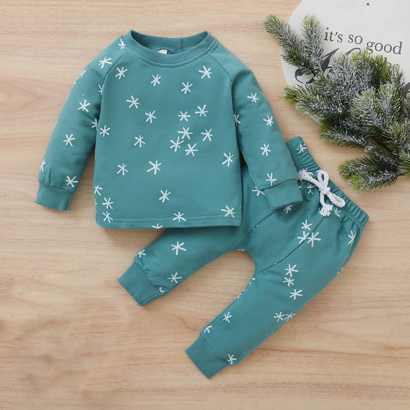 Toddler Infant Kids Baby Boys Girls Nightwear Long Sleeve O-Neck Star Printed Pullover Tops+Pants Home Outfits Set#p4