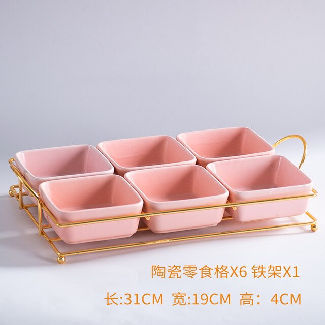 Ceramic Food Tray Dessert Serving Cake Trays Decorative with Iron Stand Kitchen Grid Nut Snack Candy Organized Decoration Trays: Pink6