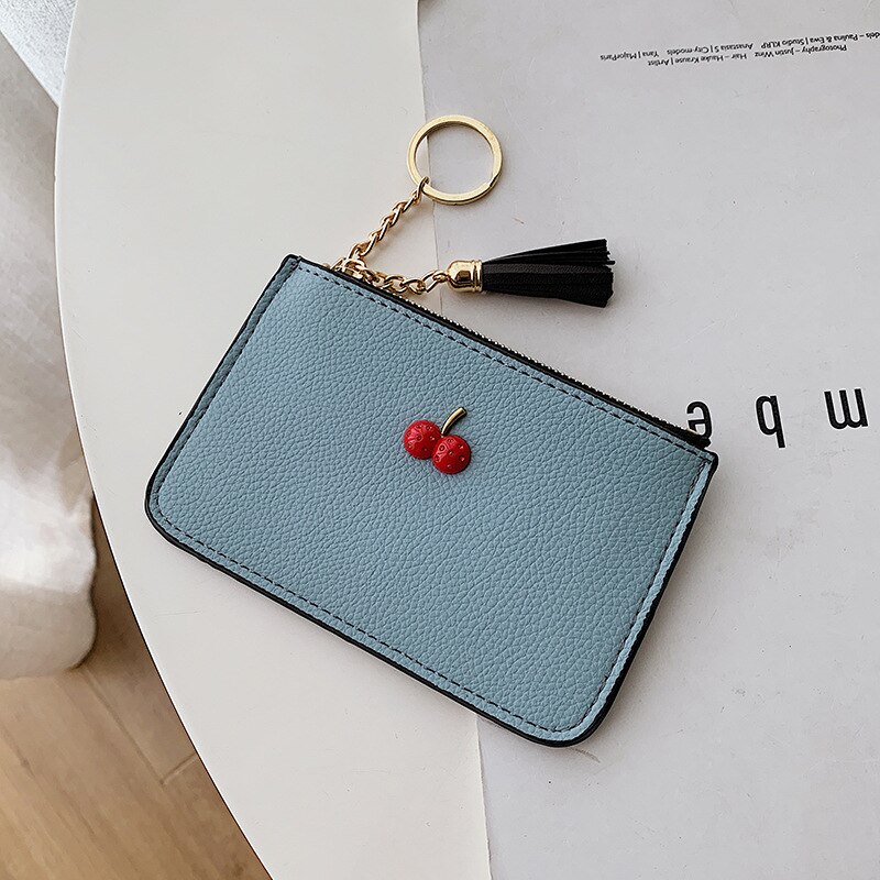 Enkel körsbär koreanskt pu-läder ultratunn klämma mjukt läderfransar dragkedja kort plånbok damkortväska noll plånbok: Blå