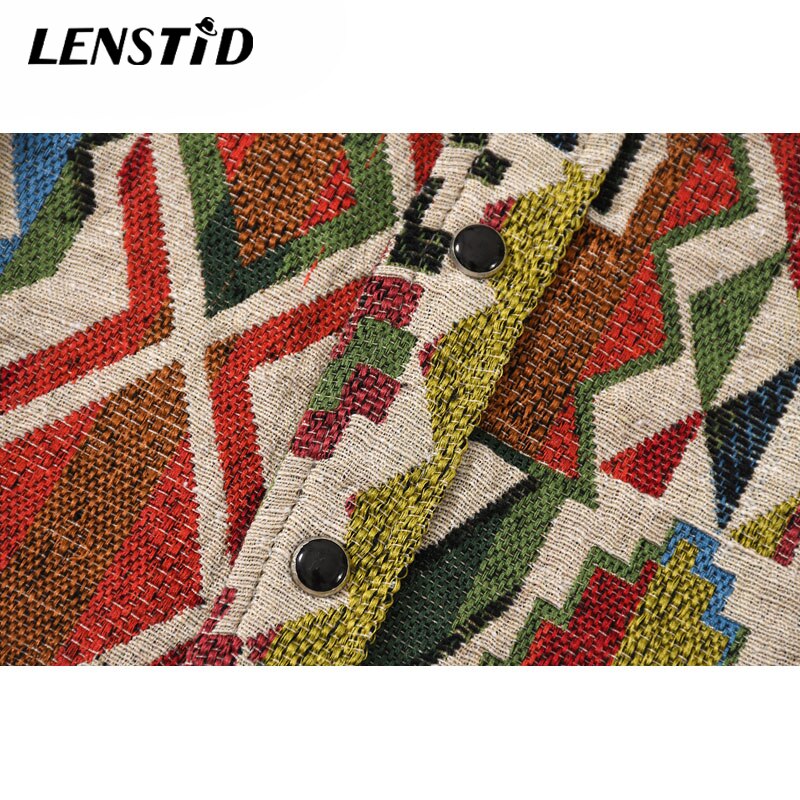 LENSTID Men Hip Hop Long Sleeve Knitted Shirt National Style Geometric Pattern Harajuku Streetwear Vintage Casual Loose Shirts