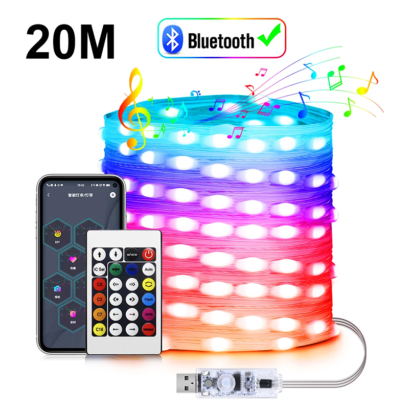 20M RGBIC USB 5V LED Stachel Licht Bluetooth Musik APP WS2812 Programmierbare DIY Lichterkette Geburtstag Party Girlande weihnachten Dekor: Ursprünglich Titel