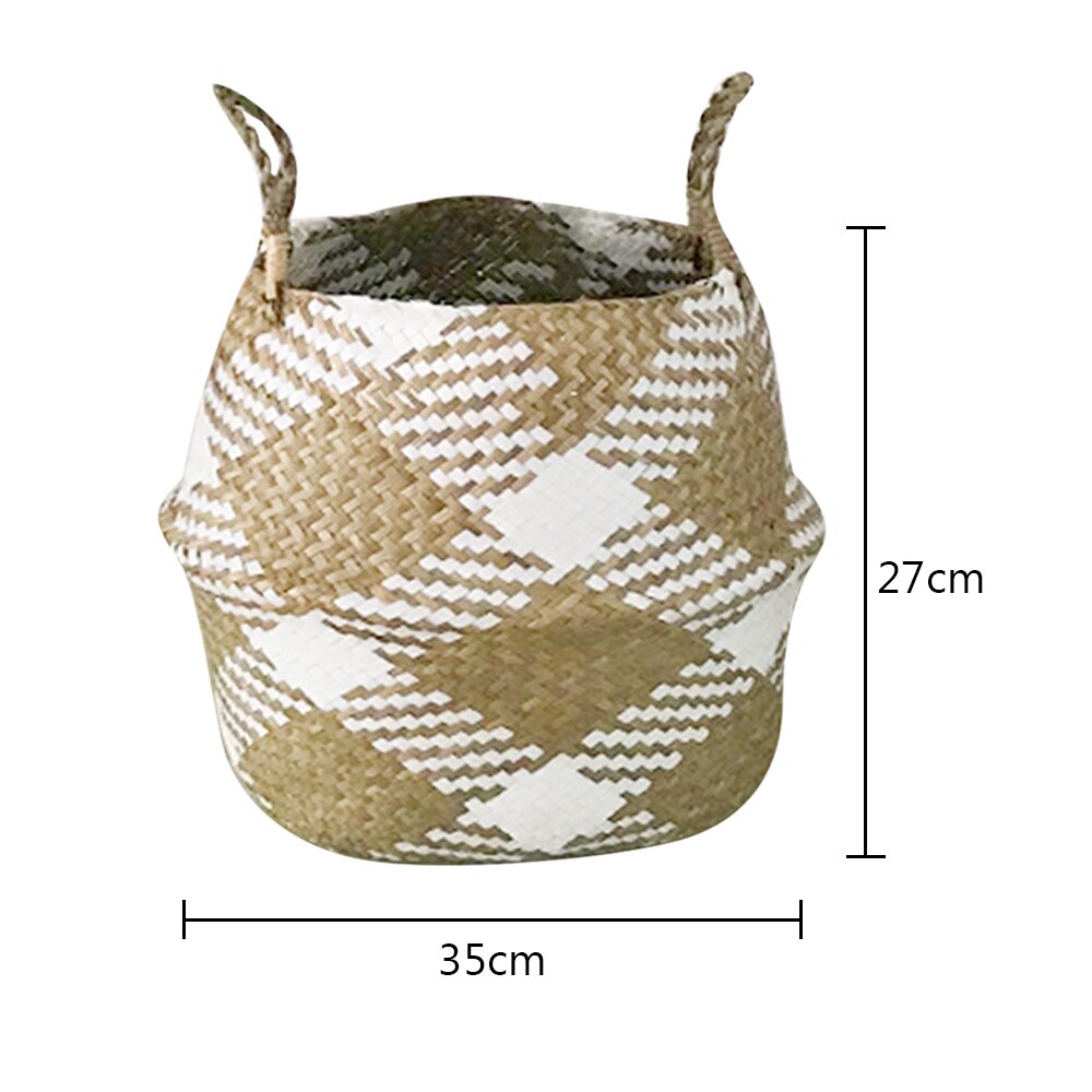 Big Capacity Checkered Seagrass Storage Baskets laundry Wicker Flower Toy Basket Organizer Eco-Friendly Bags for Kitchen Bedroom: W35 H27White