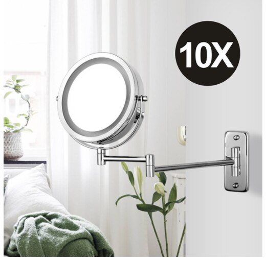 Folding Arm Extend Bathroom Mirror with LED Light 7 Inch Wall Mounted Double Side Smart Cosmetic Makeup Mirrors Mirror Wall: 10X Magnifying