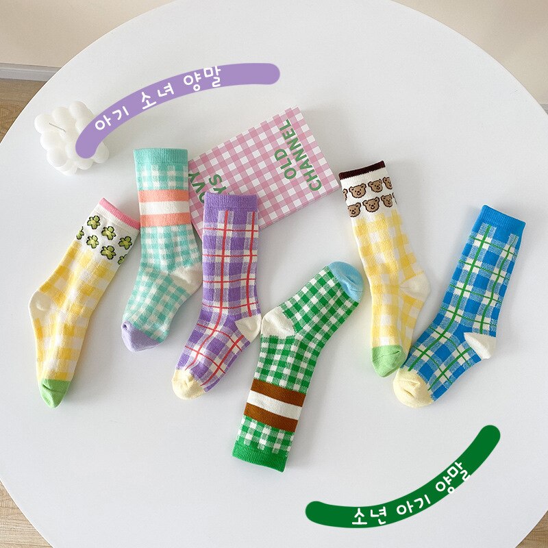 6 paia/lotto calzini per bambini moda coreana Plaid autunno inverno neonati calzini sportivi in cotone bambini ragazze principessa calzini: 7-9T