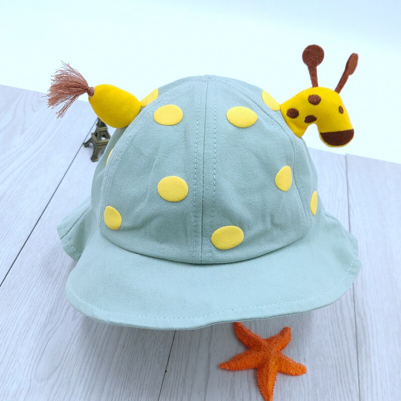 Children Sun Hat Lovely Giraffe Doll Decorate Hat for Boys Girls Spring Autumn Dot Solid Breathable Kids Toddler Fisherman Hat: Cyan