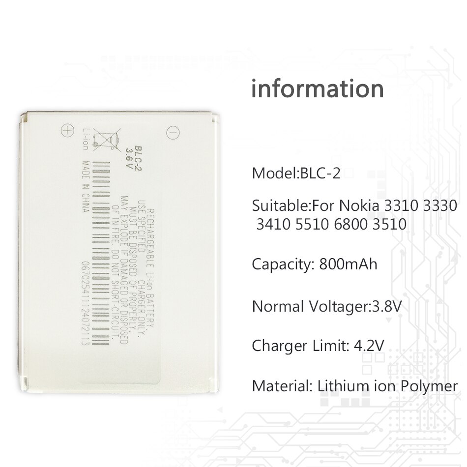 Li-polimero Batteria per Nokia 3310 3330 3410 3510 5510 3530 3335 3686 3685 3589 3315 3350 3510 6650 6800 Batteria BLC-2 800mAh