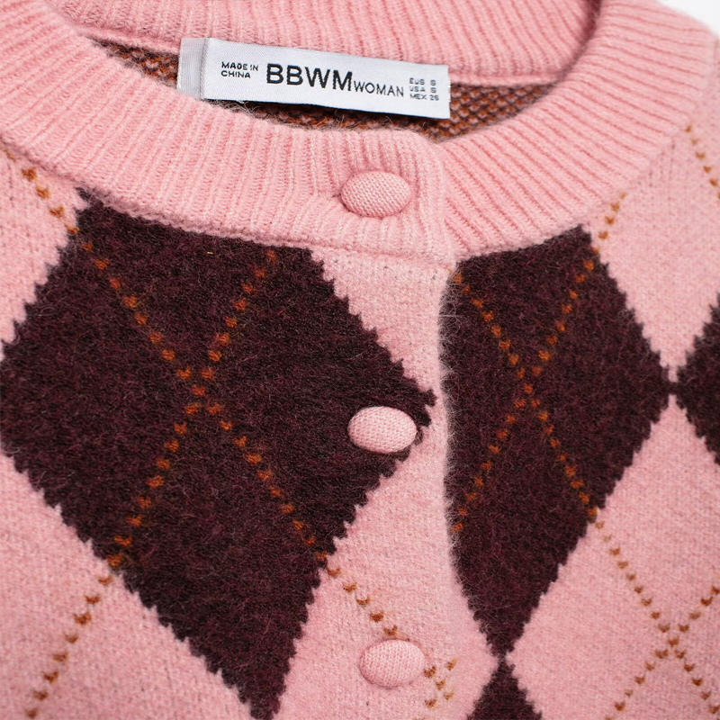 Koekop Giacca da donna chic da donna a maniche lunghe vintage con motivo a diamanti e girocollo alla moda