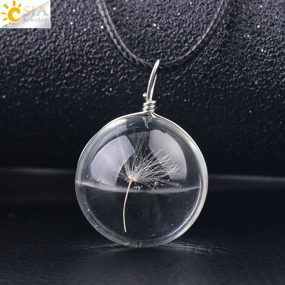 CSJA Decorativo di Modo di Fiori Secchi Collane & Pendenti con gemme e perle di Vetro Palla A Secco Pianta Pendente Corda di Cuoio per le Donne di Fascino Dei Monili F586